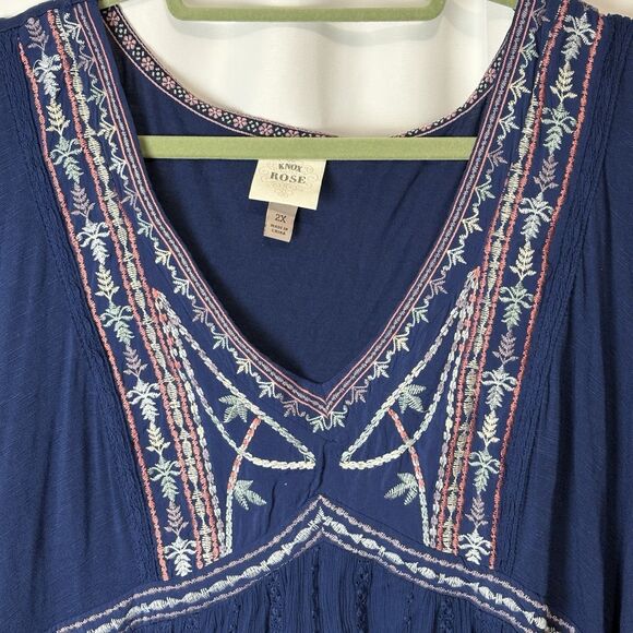 KNOX ROSE Short Flutter Sleeve Tunic Top Bohemian Flowy 2X Blue Boho Embroidered - Picture 2 of 7
